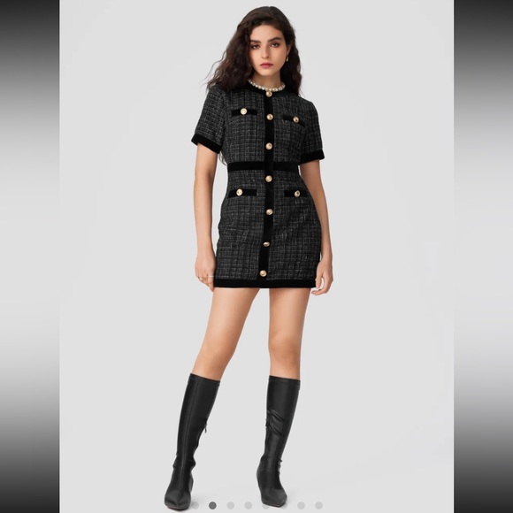 Tweed Round Neckline Solid Metallic Button Mini Dress - Picture 2 of 10
